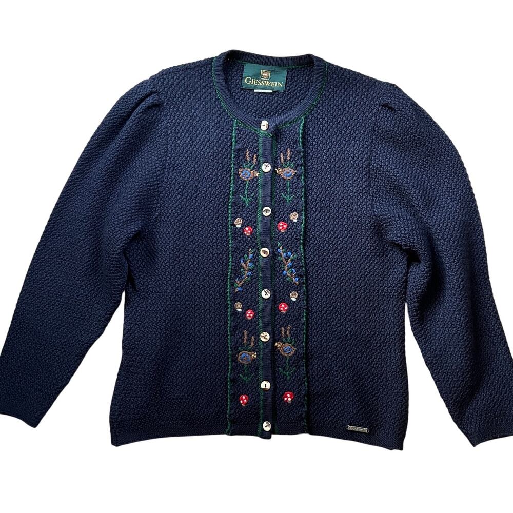 Vtg Giesswein Wool Cardigan Womens 14 Navy Blue Antler Button Mushrooms Austria
